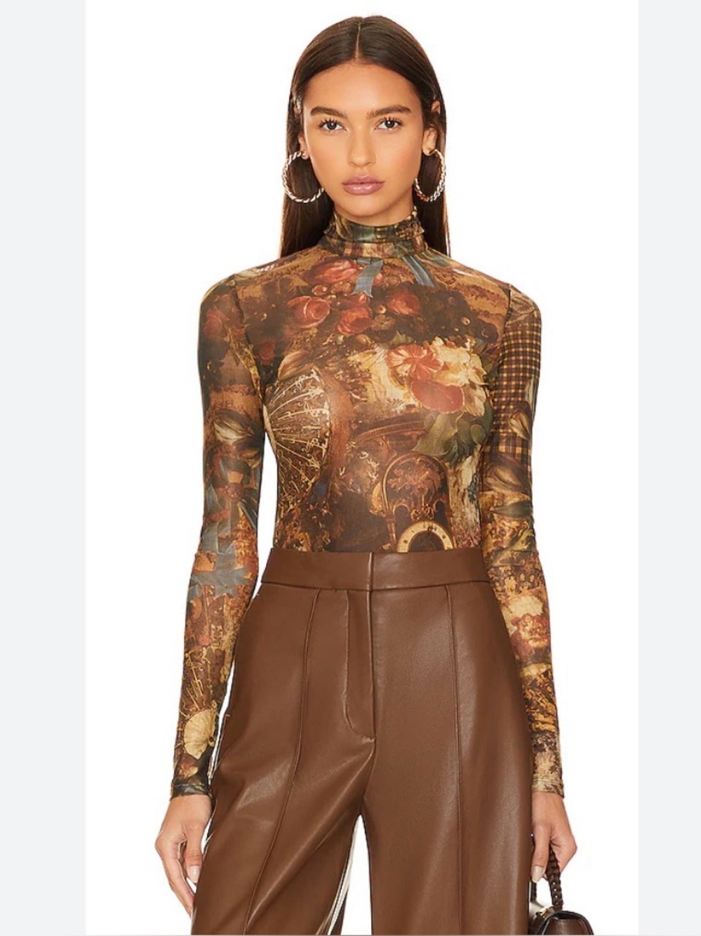 Ronny Kobo Collection Vintage Floral Mesh Mock Neck Top - Brown Multi